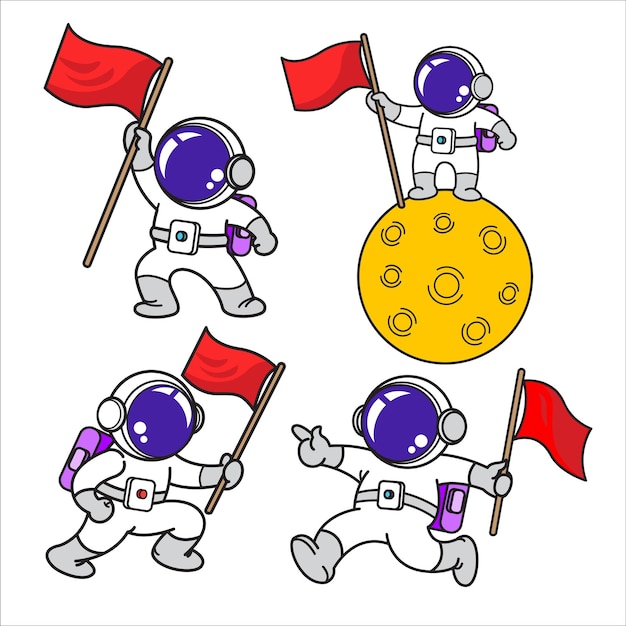 Astronaut cartoon set animatie platte ontwerp vlag Vector