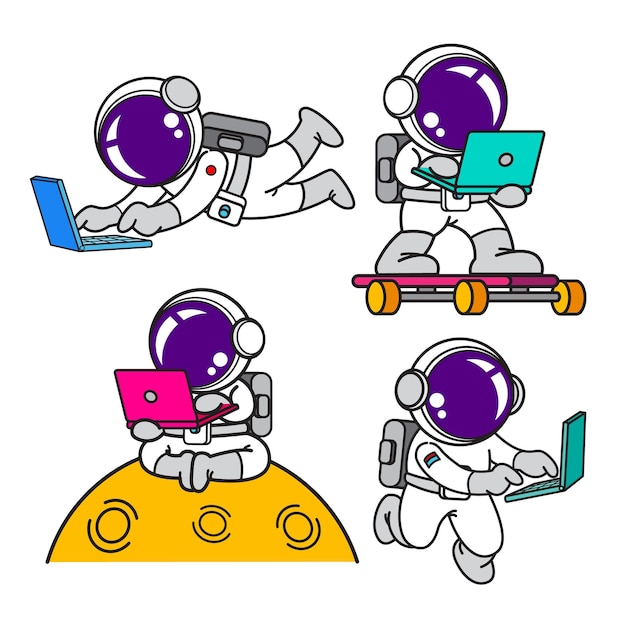 Computer portatile design piatto di animazione stabilita del fumetto dell'astronauta