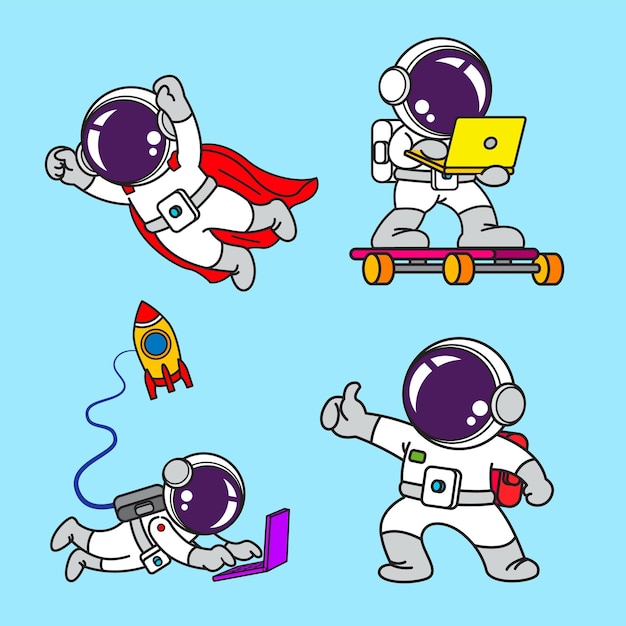 Astronauta cartoon set animazione design piatto super eroe vettoriale