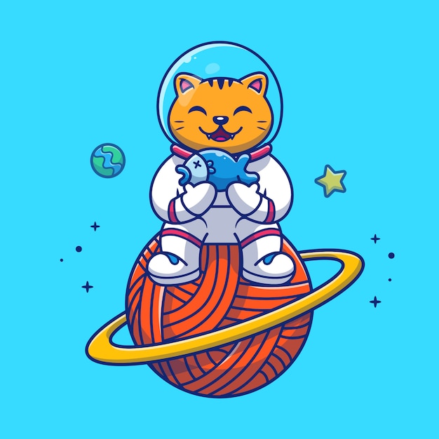 Астронавт кошка держит рыбу иллюстрации. талисман мультфильма