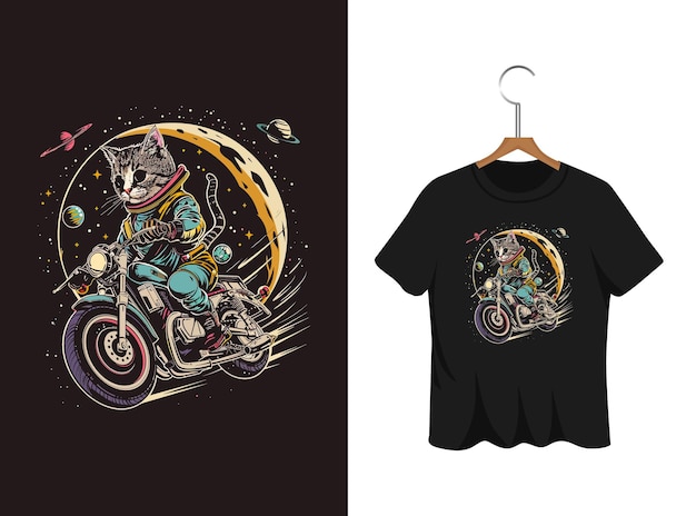 Vettore astronauta gatto che guida una moto t-shirt disegno artistico