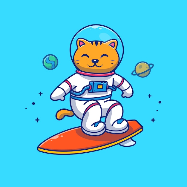 宇宙飛行士猫ギャラクシーイラストサーフィン。マスコットの漫画のキャラクター。