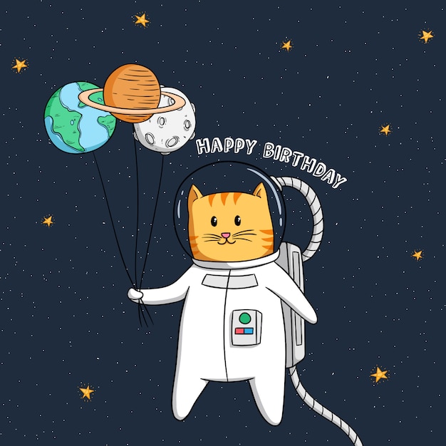誕生日のお祝いのための惑星気球を持つ宇宙飛行士猫