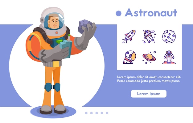 Astronaut character exploring outer space. futuristic cosmonaut in spacesuit walking and flying. cartoon vector illustration.