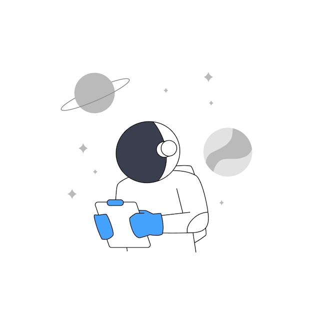 Astronaut or cosmonaut at space planet holding clipboard report for metaphor support or costumer service error page for empty state ui element illustration