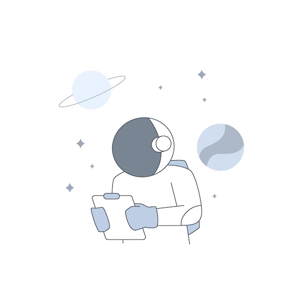 Astronaut or cosmonaut at space planet holding clipboard report for metaphor support or costumer service error page for empty state ui element illustration