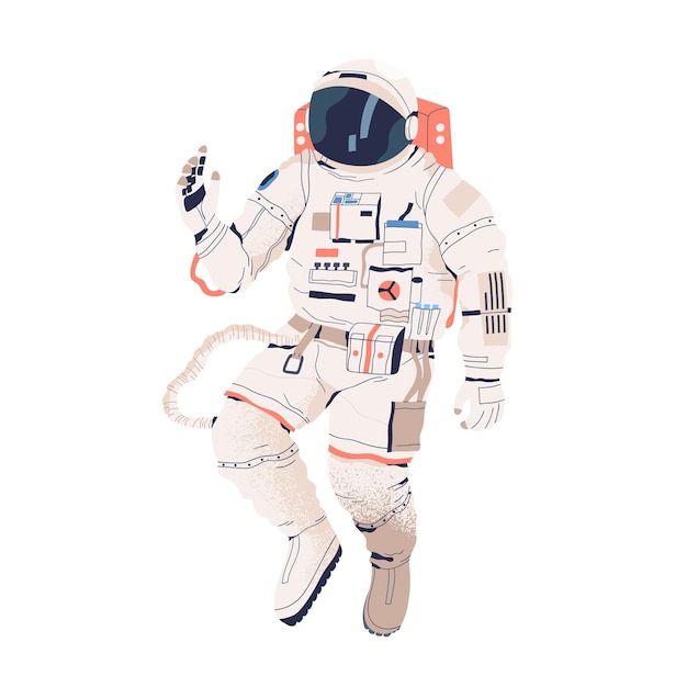 Astronaut or cosmonaut in spacesuit in zero gravity isolated on white background. Spaceman with oxygen tank soaring in weightlessness. People exploring universe. Flat textured vector illustration.