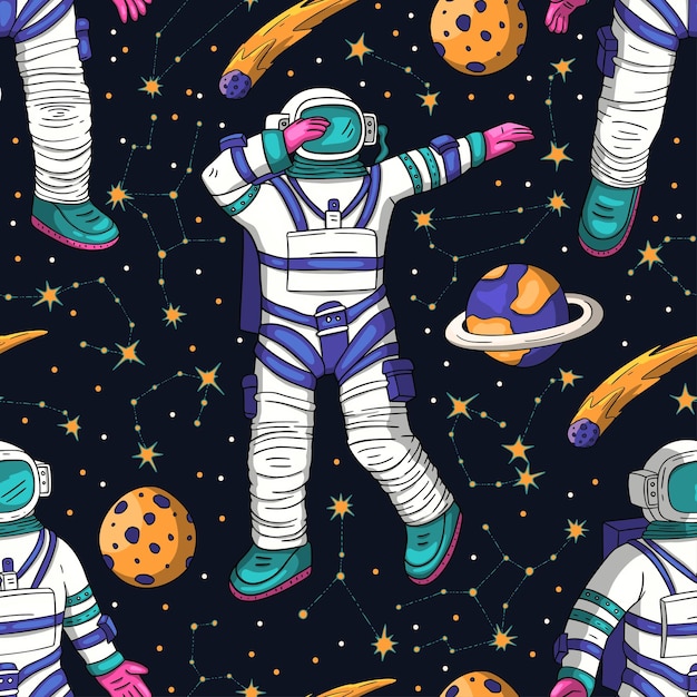 Astronaut cosmos seamless space vector pattern