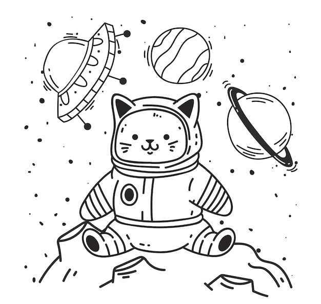 Vettore astronauta gatto carino concetto di stampa spaziale lunare illustrazione di design grafico piatto vettoriale