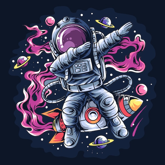 Astronaut dabbing style on a space rocket with the stars and planets