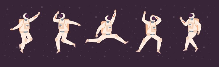 Vector astronaut dancer funky cosmonaut pioneer dance in space planet science universe spaceman dream fun dancing cosmic disco music party