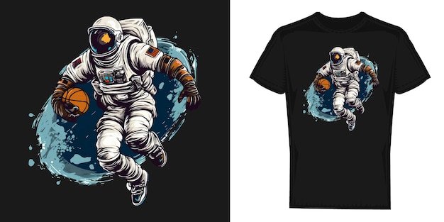 Astronaut die basketbal speelt, ontwerpafbeeldingen voor t-shirtafdrukken