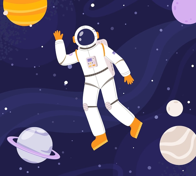 Astronaut die in de ruimte werkt Universum ontdekkingsreiziger interstellaire avonturen en reizen Cartoon kosmonaut personage knus vector scène