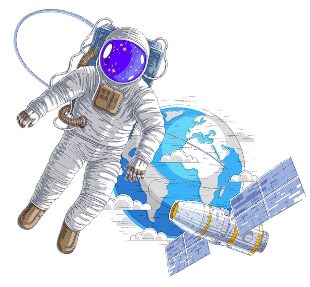 Astronaut die in open ruimte vliegt verbonden met ruimtestation en aardeplaneet op de achtergrond, ruimtevaarder in ruimtepak zwevend in gewichtloosheid en iss-ruimtevaartuig met zonnepanelen achter hem. Vector.