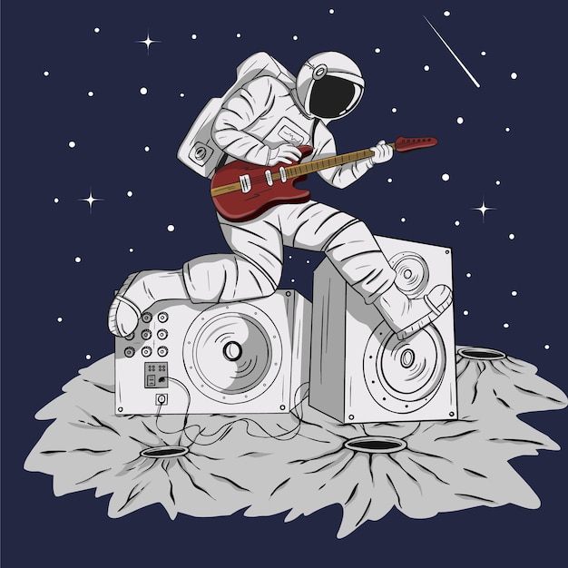 astronaut die muziek speelt en gitarist vectorillustratie