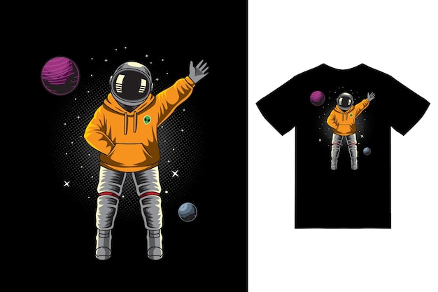 Astronaut die sweater draagt op ruimteillustratie met premium vector van het t-shirtontwerp