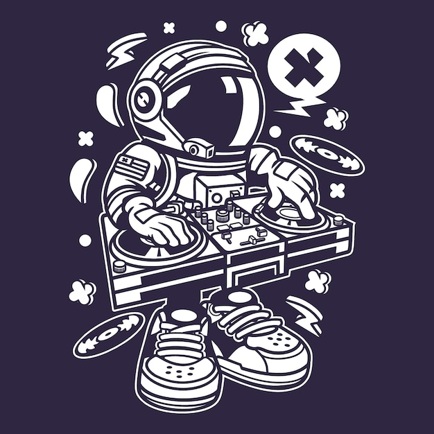 Astronaut disk jockey cartoon