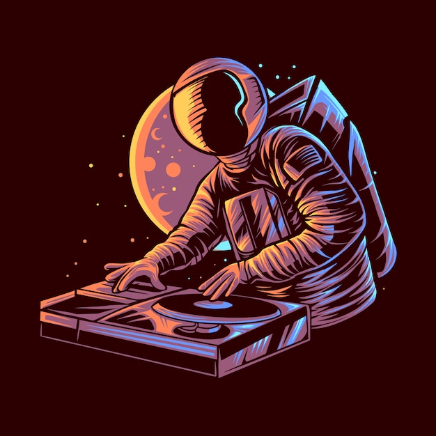 Astronaut dj   with moon background   illustration design