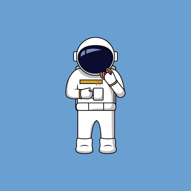 Astronaut eating doughnut and coffee cup cartoon vector illustration