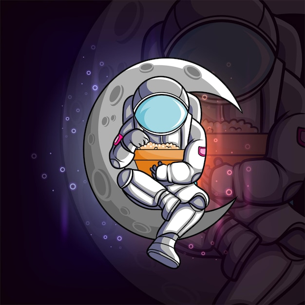 ポップコーンを食べてイラストの月に座っている宇宙飛行士