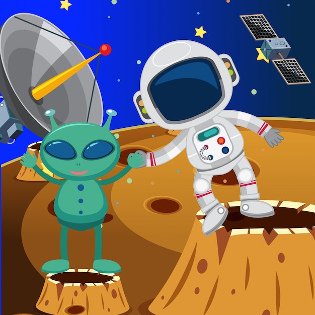 Astronaut en alien in de ruimte