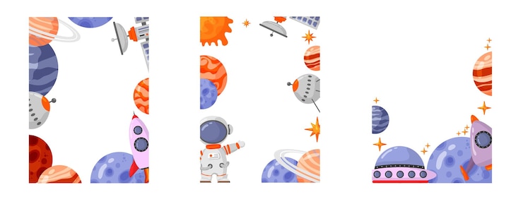 Vector astronaut en ruimte frame met ruimte elementen galaxy frame voor ontwerp posters achtergronden