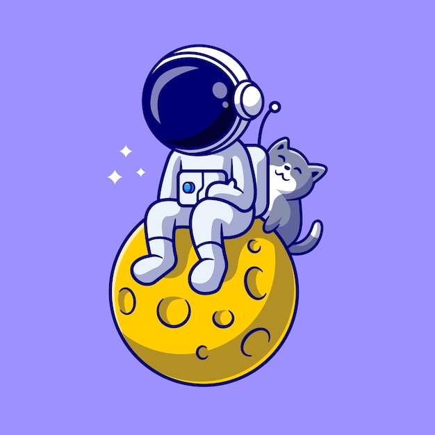 Astronaut en schattige kat op maan Cartoon vectorillustratie pictogram. Wetenschap dier pictogram concept geïsoleerd Premium Vector. Platte cartoonstijl