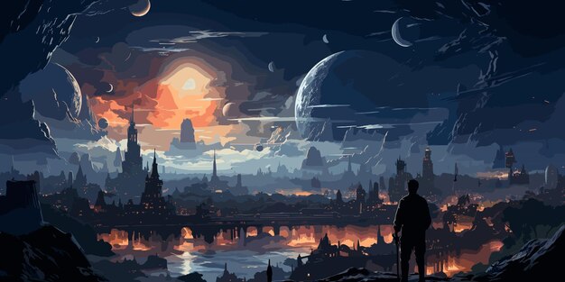 Вектор Астронавт исследует планетарное пространство и смотрит на странное здание, плавающее в небе в стиле цифрового искусства.