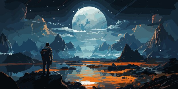 astronaut explores planetary space and looking at strange building floating in the sky digital art style illustration painting