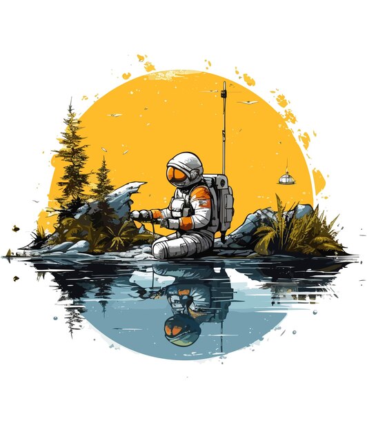 Vector astronaut fishing on a summer beach