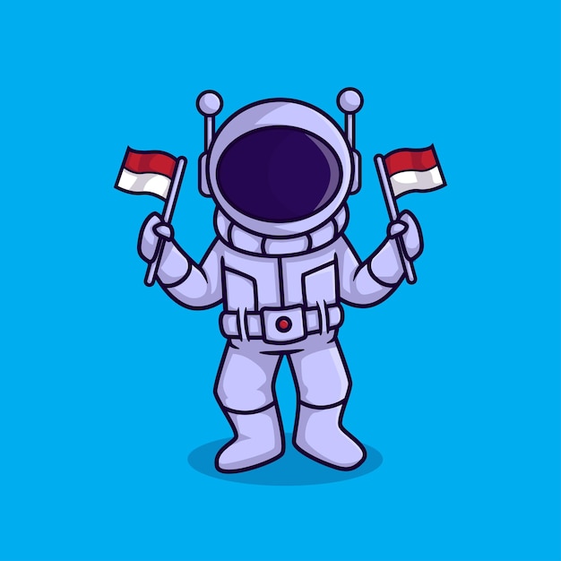 Astronaut flat cartoon character holding indonesian flag