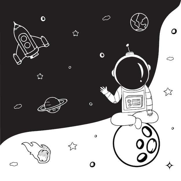 Vettore astronauta in illustrazione vettoriale disegnata a mano in stile cartone animato piatto