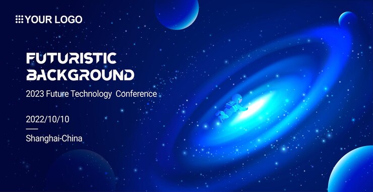 Vector astronaut floating into the future on blue technology background