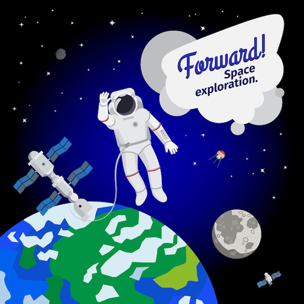 Astronaut floating in outer space with the earth and spaceship 