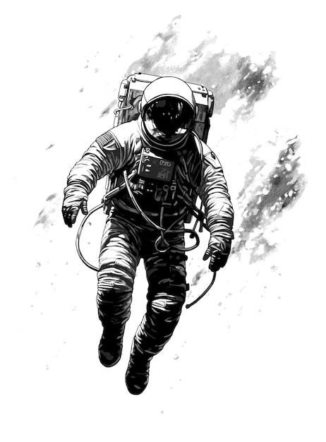 Космонавт, плавающий в пустоте, черно-белый простой эскиз