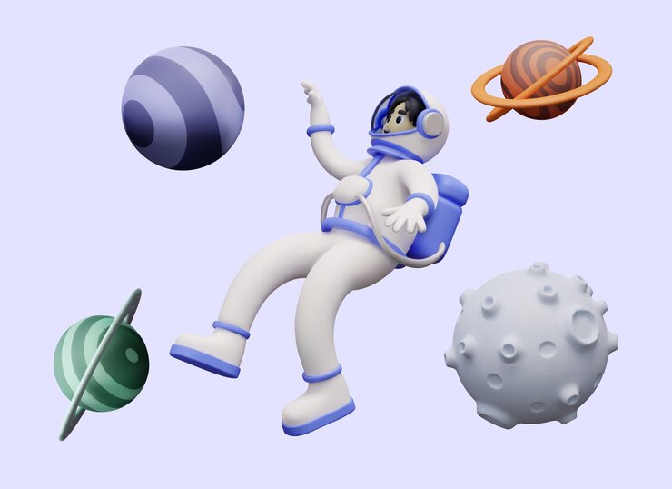 Vector astronaut floats in weightlessness between planets male character in space suit