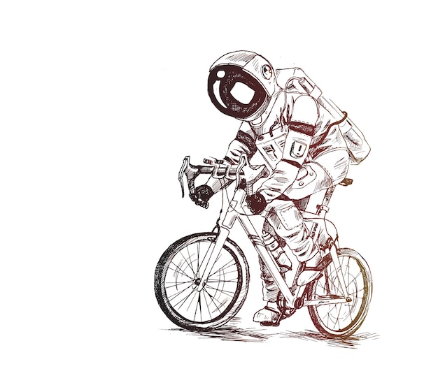 Astronaut futuristic bicycle race hand drawn sketch vector illustration