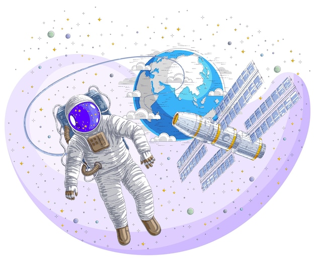 Astronaut ging de open ruimte in, verbonden met het ruimtestation en de aardeplaneet op de achtergrond, ruimtevaarder zwevend in gewichtloosheid en iss-ruimtevaartuig, sterren en andere elementen. Geïsoleerd.
