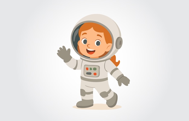 スペーススーツを着た宇宙飛行士の女の子がハローを振る