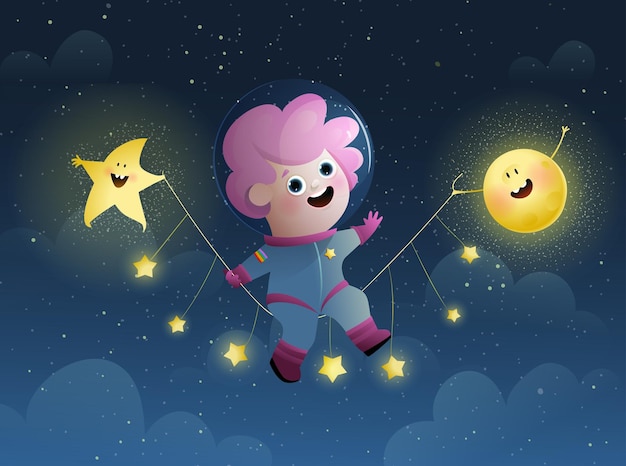 Vector astronaut girl swinging among stars sun and star holding the swing outer space adventure poster on dark background with cute space girl vector illustration for children watercolor style