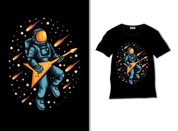 astronaut gitaar spelen in de ruimte illustratie met t-shirt design