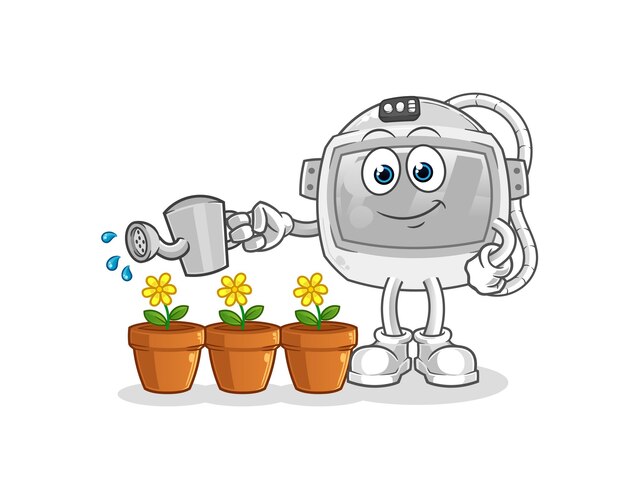 Astronaut helmet watering the flowers mascot. cartoon vector