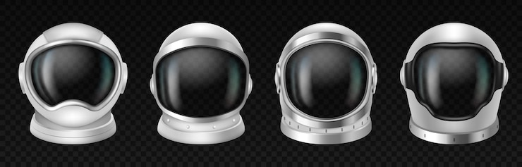 Vector astronaut helmets, realistic cosmonaut mask set with clear glass for space exploration and flight in cosmos. white suit part for protection spaceman head isolated. vector illustration