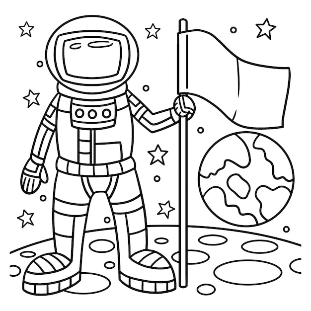 Vector astronaut holding a flag coloring page for kids