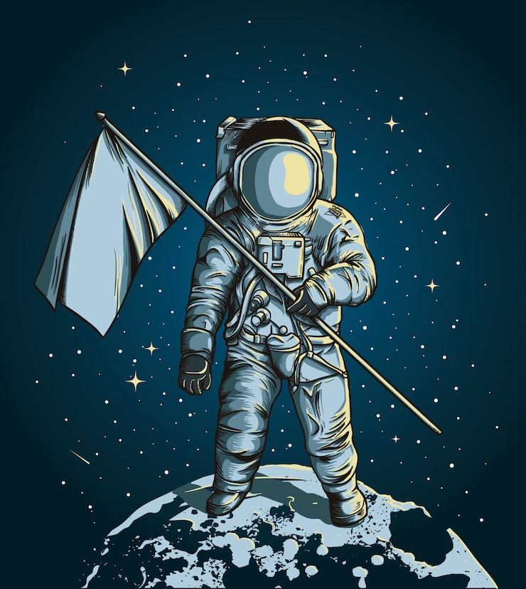 Vector astronaut holding a flag over the moon with the outer space