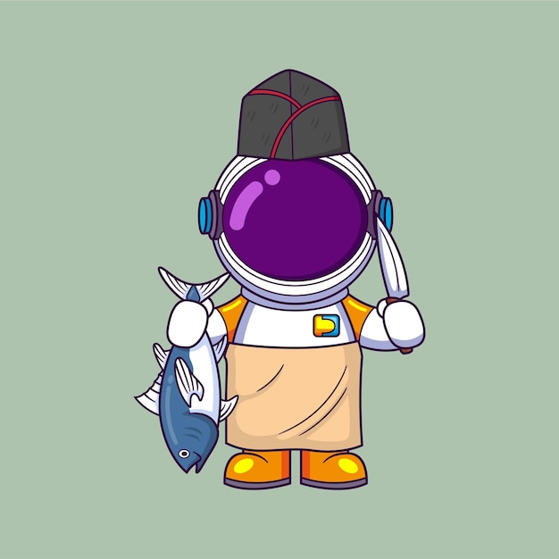 Vector astronaut holding knife and cook fish