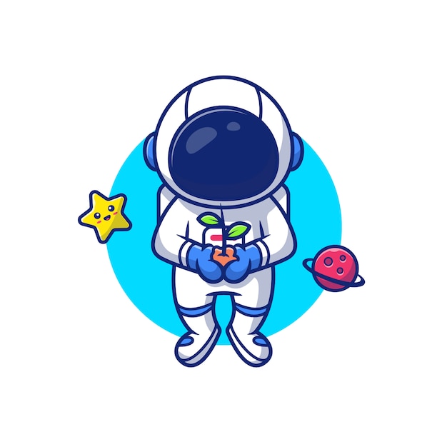 Vector astronaut holding plant in space with star and planet cartoon   icon illustration. people science icon concept isolated  . flat cartoon style