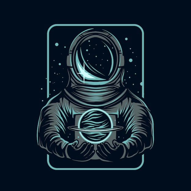 astronaut houdt een planeetillustratie vast