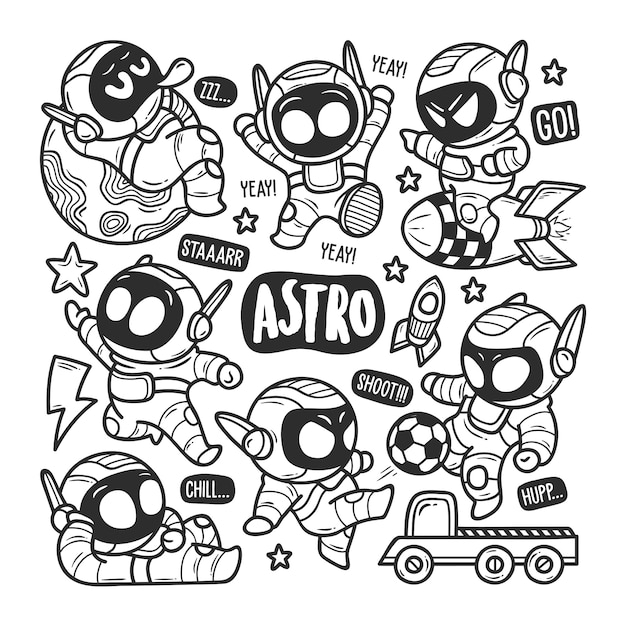 Astronaut Icons Hand Drawn Doodle Coloring 