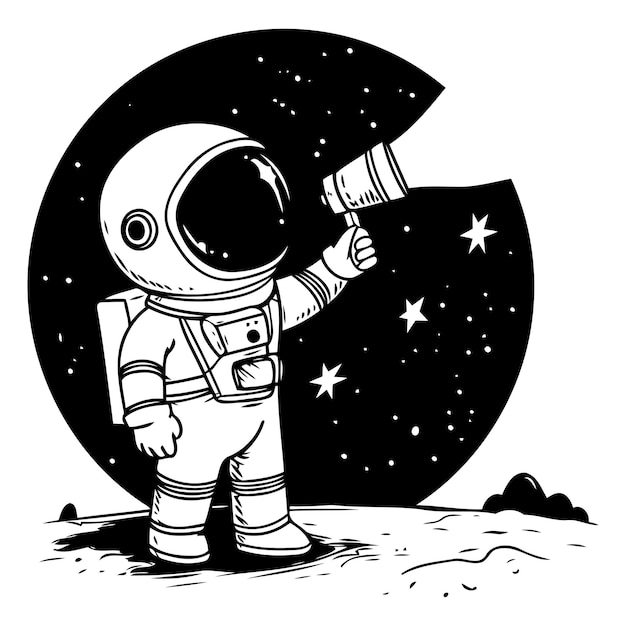 Astronaut in de ruimte met telescoop met de hand getekende vectorillustratie